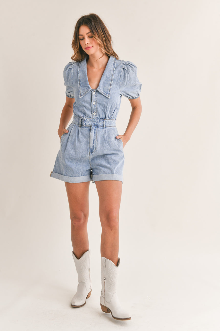 Cute Collared Puff Sleeve Denim Romper