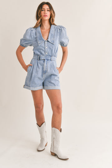 Cute Collared Puff Sleeve Denim Romper