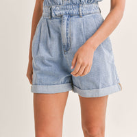 Cute Collared Puff Sleeve Denim Romper