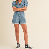 Cute Collared Puff Sleeve Denim Romper