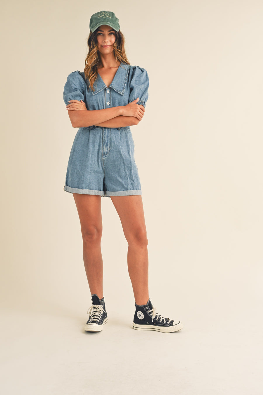 Cute Collared Puff Sleeve Denim Romper