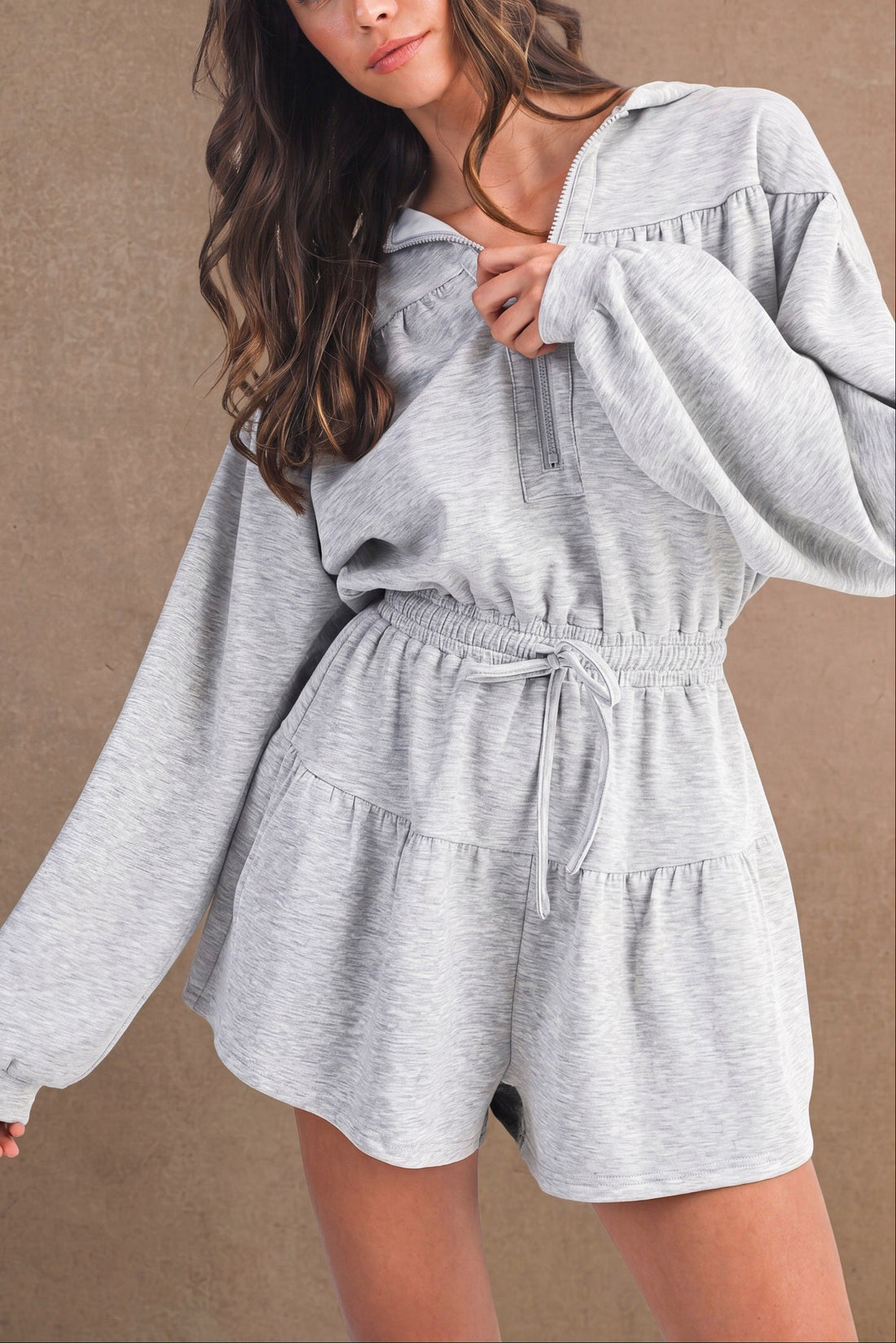 Heather Gray Half-Zip Hooded Romper with Drawstring Waist