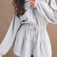 Heather Gray Half-Zip Hooded Romper with Drawstring Waist