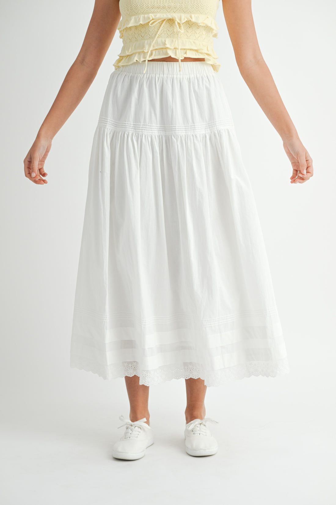 White Tiered Midi Skirt with Elastic Waist & Lace Hem