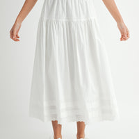 White Tiered Midi Skirt with Elastic Waist & Lace Hem