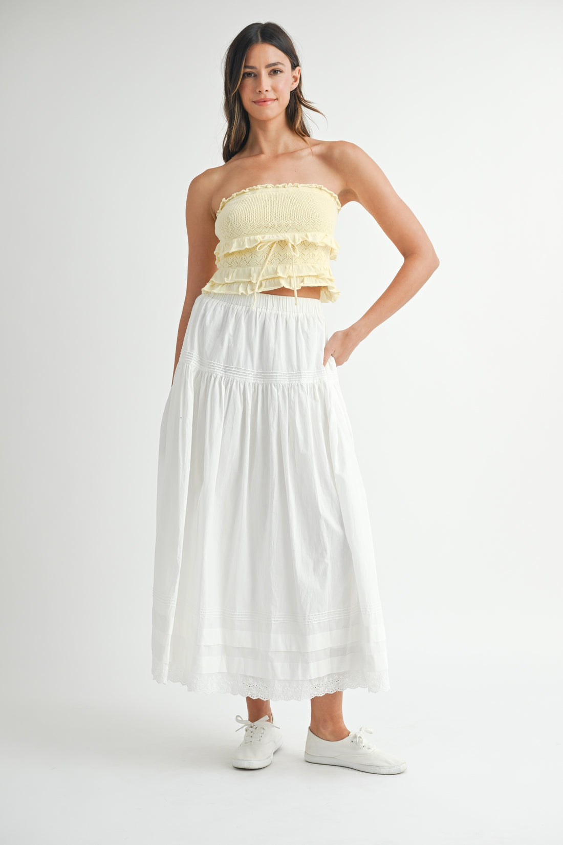 White Tiered Midi Skirt with Elastic Waist & Lace Hem