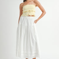 White Tiered Midi Skirt with Elastic Waist & Lace Hem