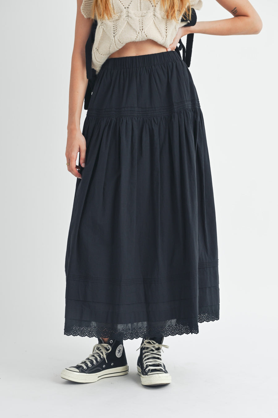 Eyelet Lace Trimmed Maxi Skirt