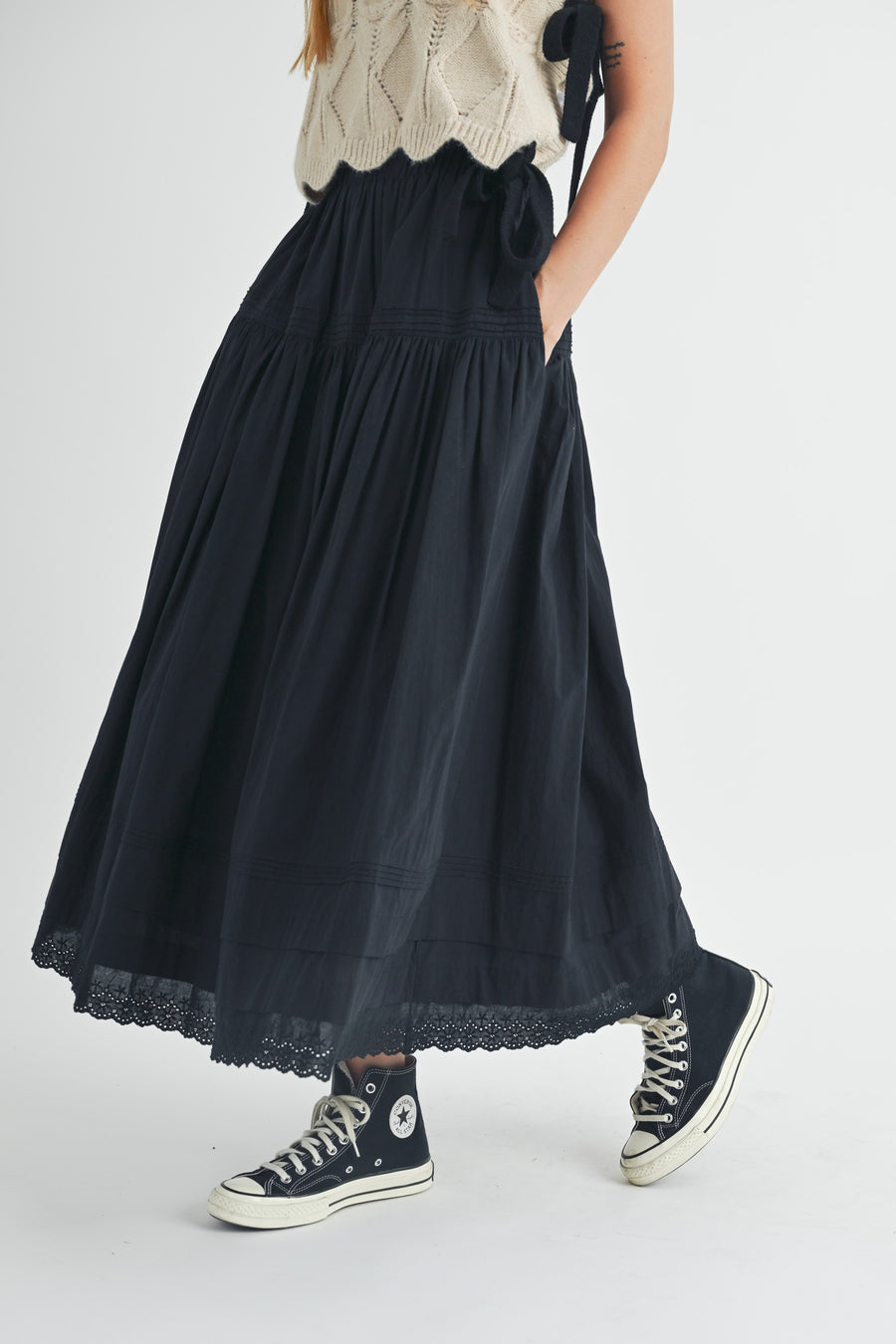 Eyelet Lace Trimmed Maxi Skirt