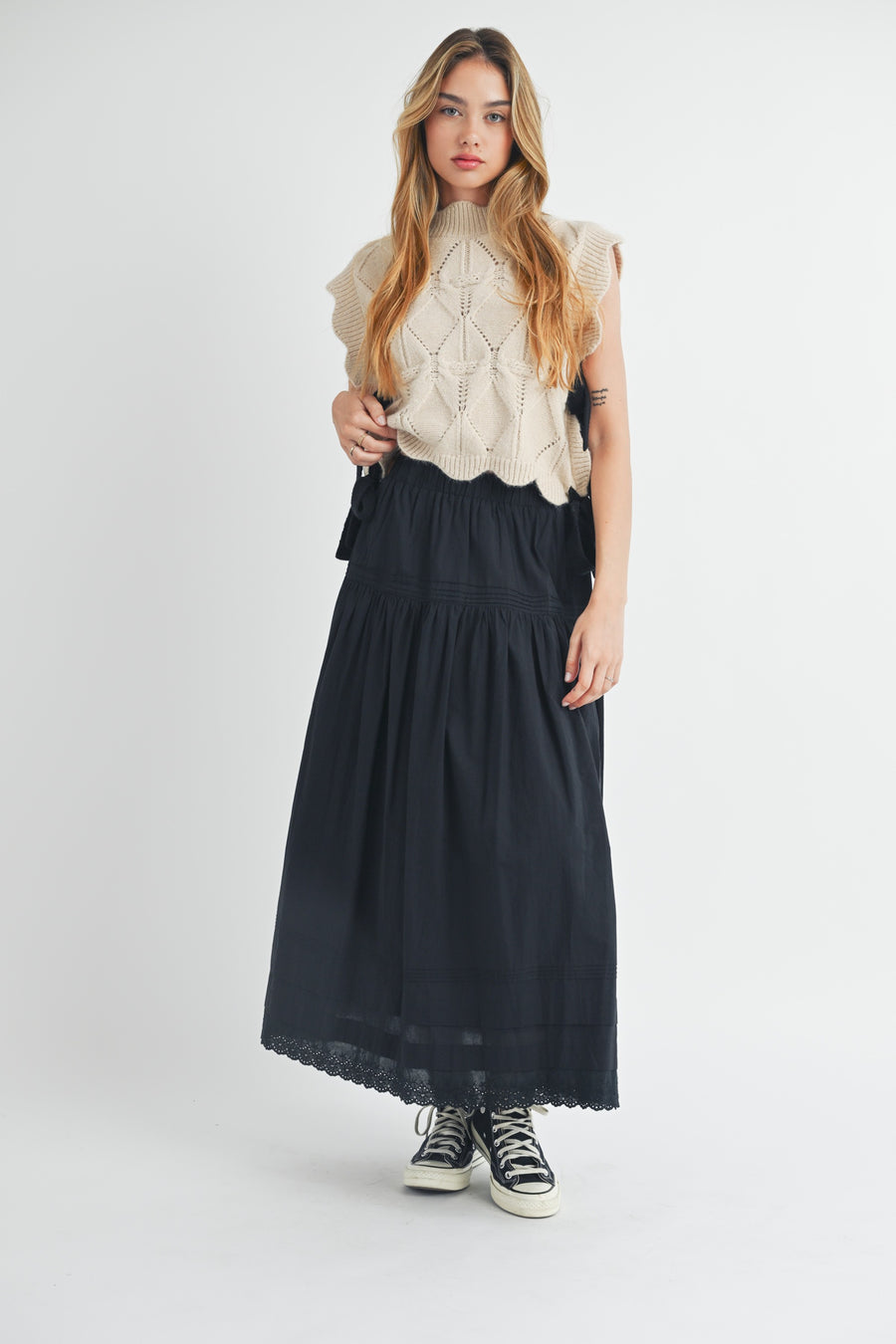 Eyelet Lace Trimmed Maxi Skirt