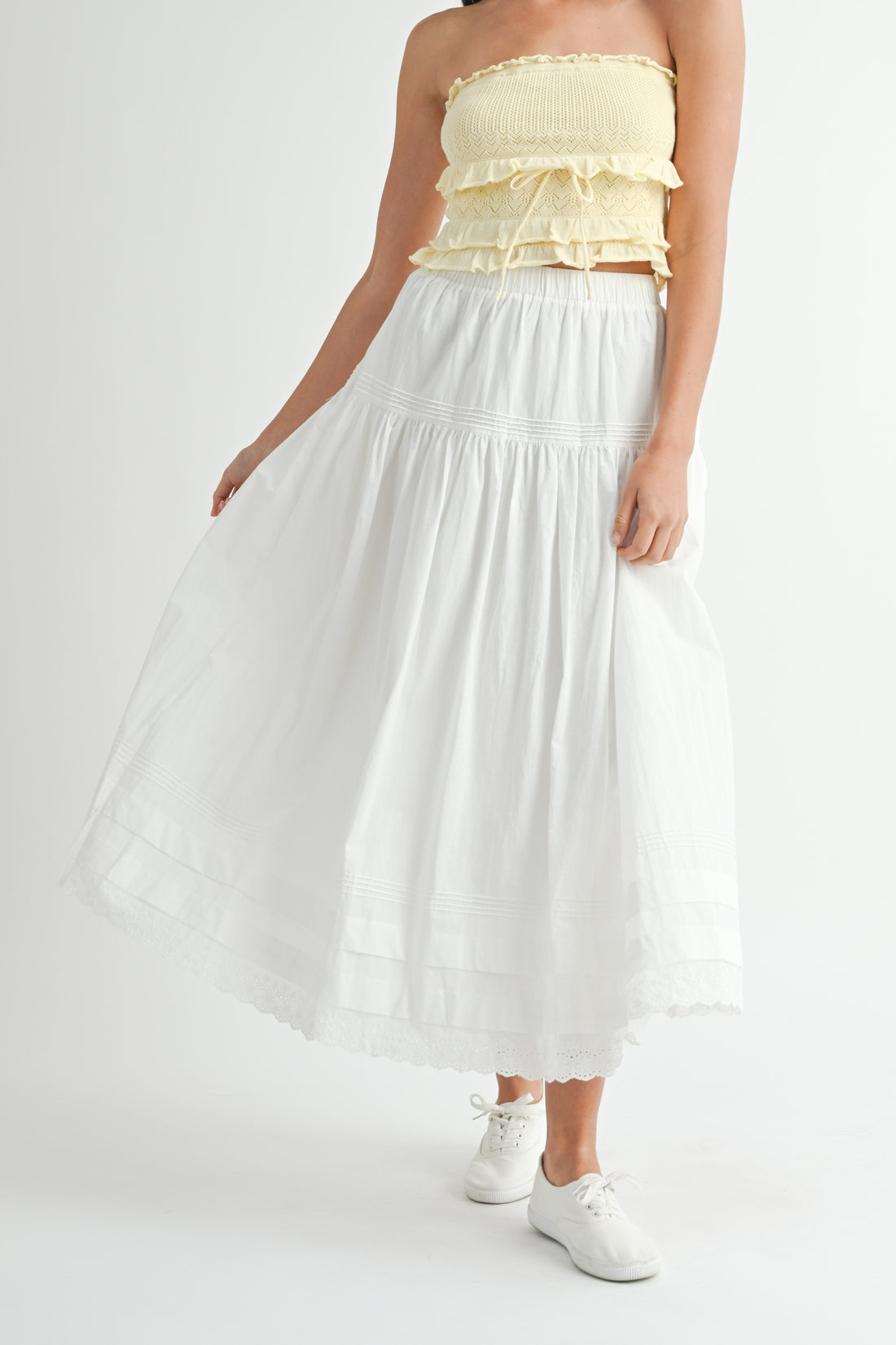 White Tiered Midi Skirt with Elastic Waist & Lace Hem