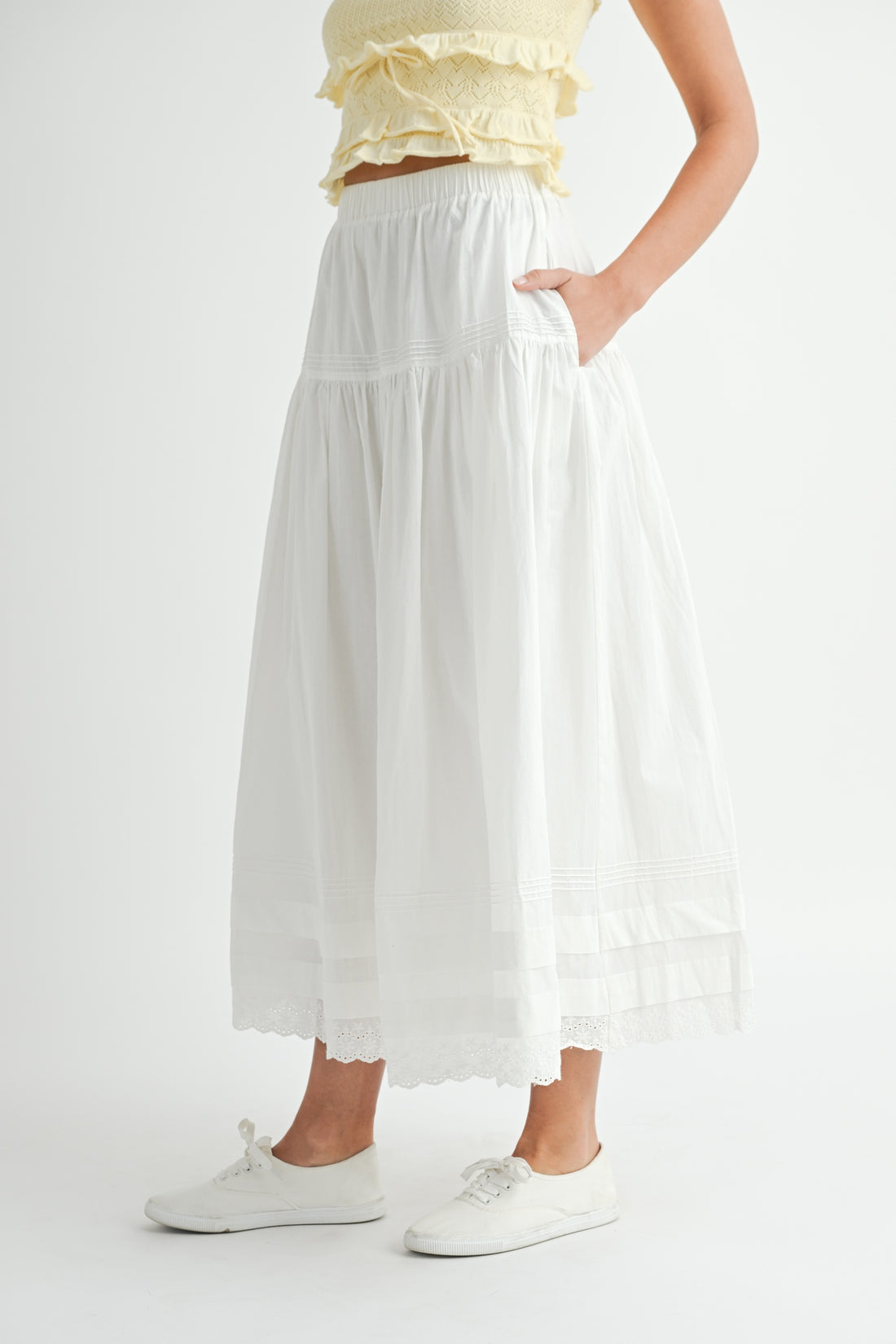 White Tiered Midi Skirt with Elastic Waist & Lace Hem