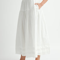 White Tiered Midi Skirt with Elastic Waist & Lace Hem