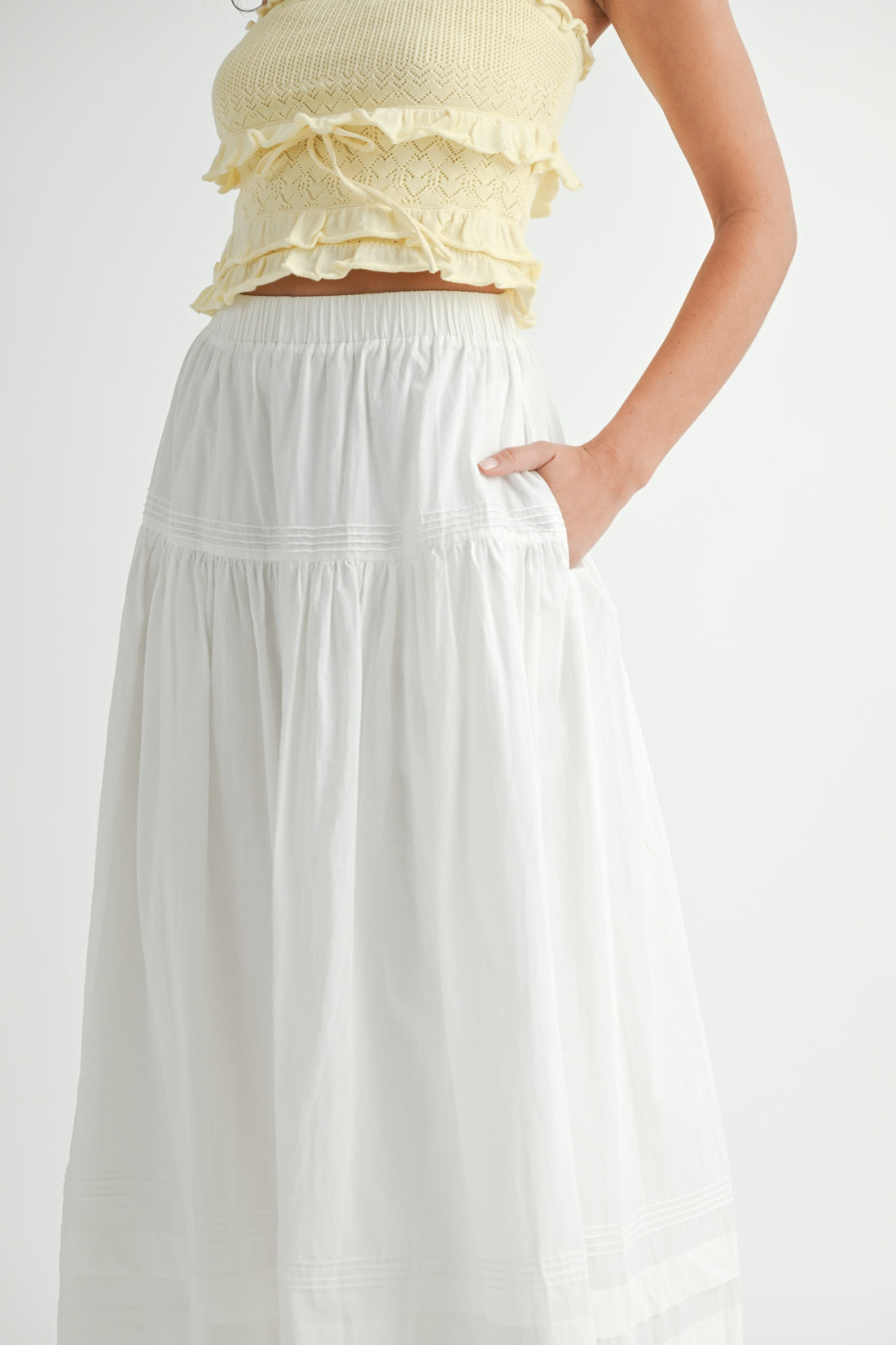 White Tiered Midi Skirt with Elastic Waist & Lace Hem
