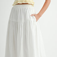 White Tiered Midi Skirt with Elastic Waist & Lace Hem