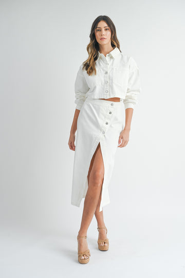 White Denim Crop Jacket and Slit Skirt Set