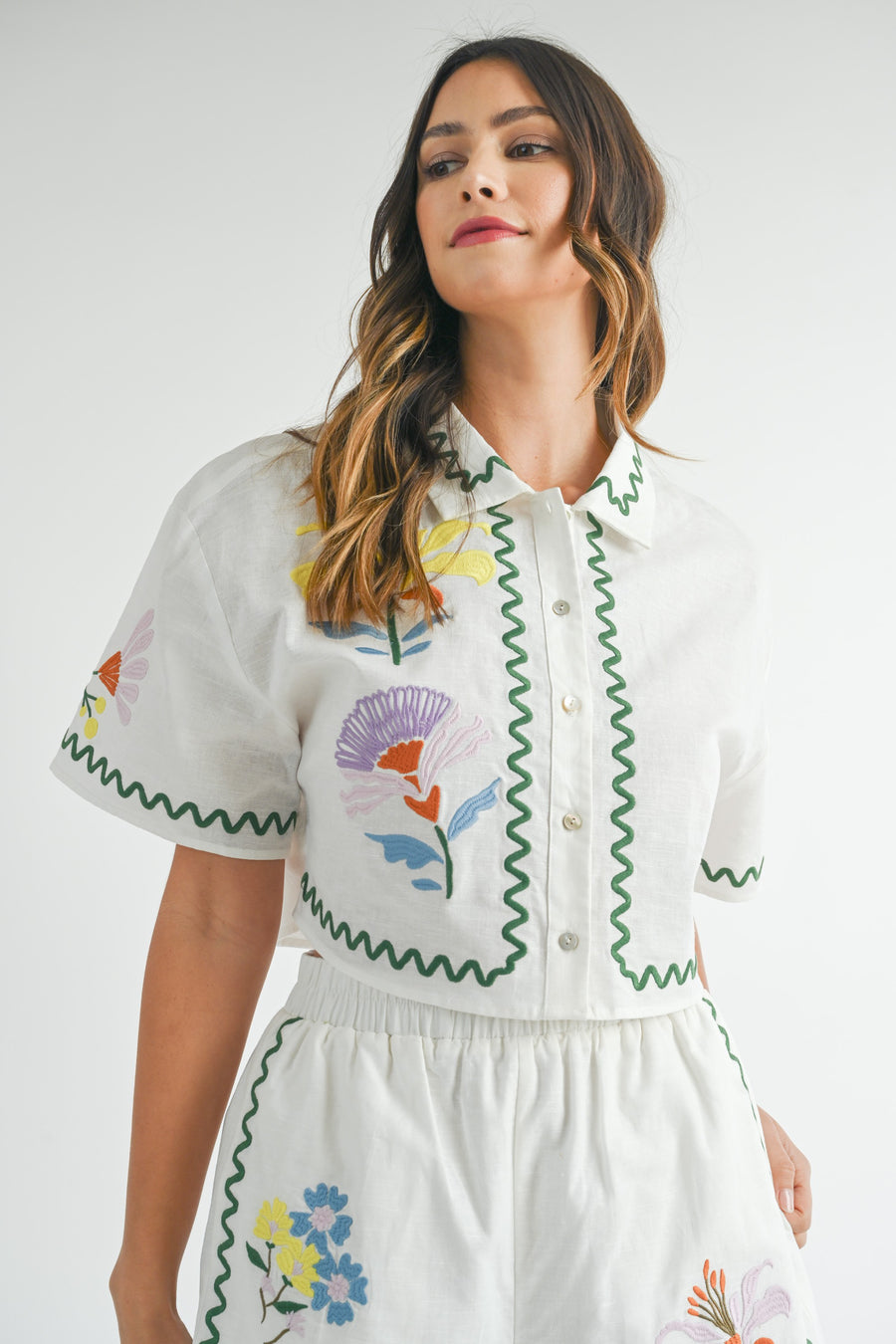 Embroidered Crop Shirt & Shorts Set