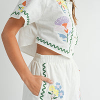 Embroidered Crop Shirt & Shorts Set