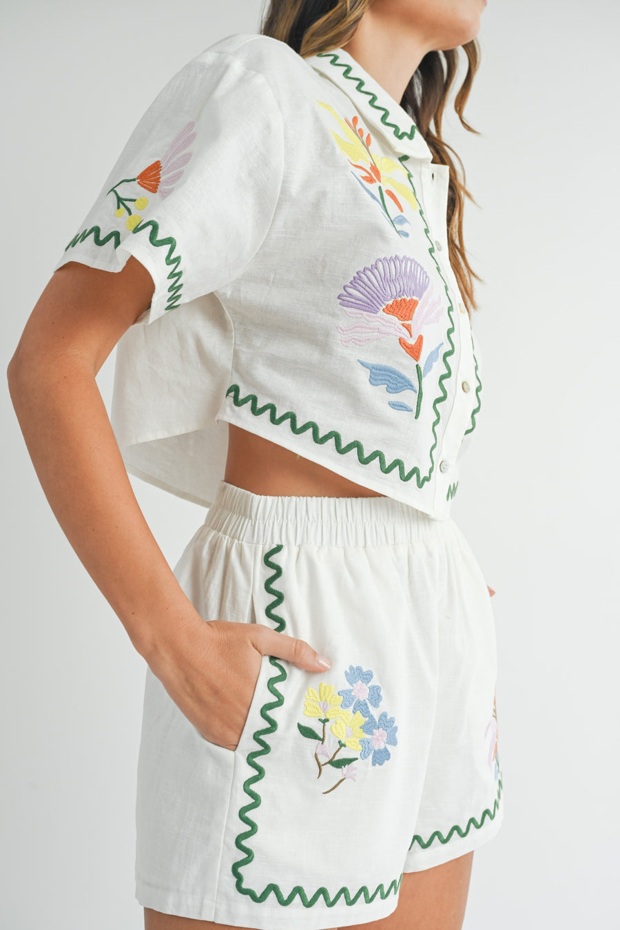 Embroidered Crop Shirt & Shorts Set