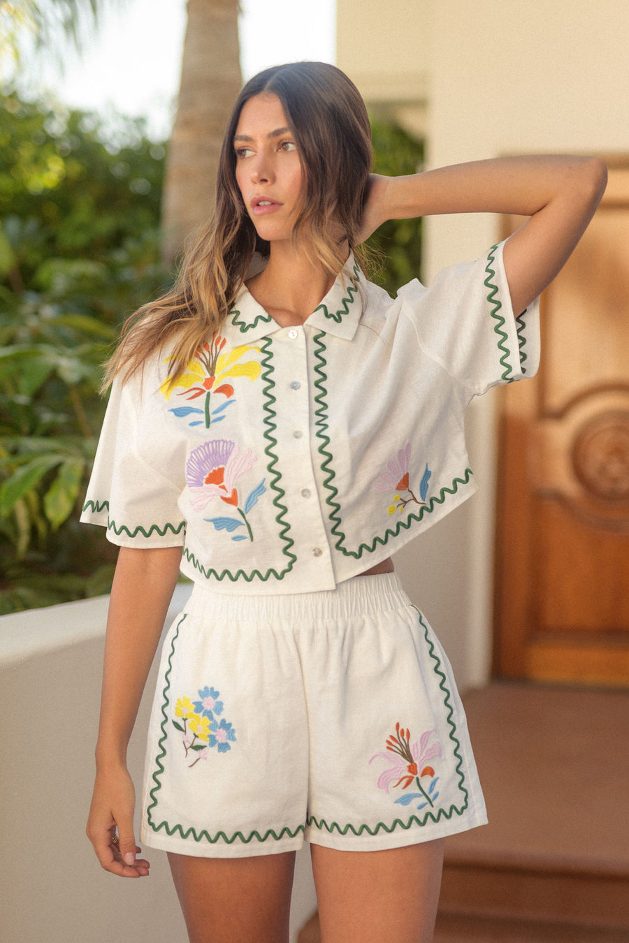 Embroidered Crop Shirt & Shorts Set