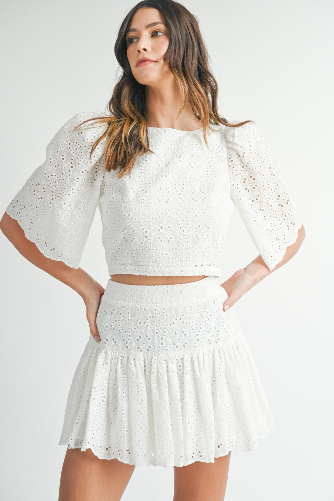 Eyelet Lace Puff Sleeve Crop Top & Skirt Set