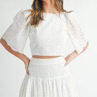 Eyelet Lace Puff Sleeve Crop Top & Skirt Set