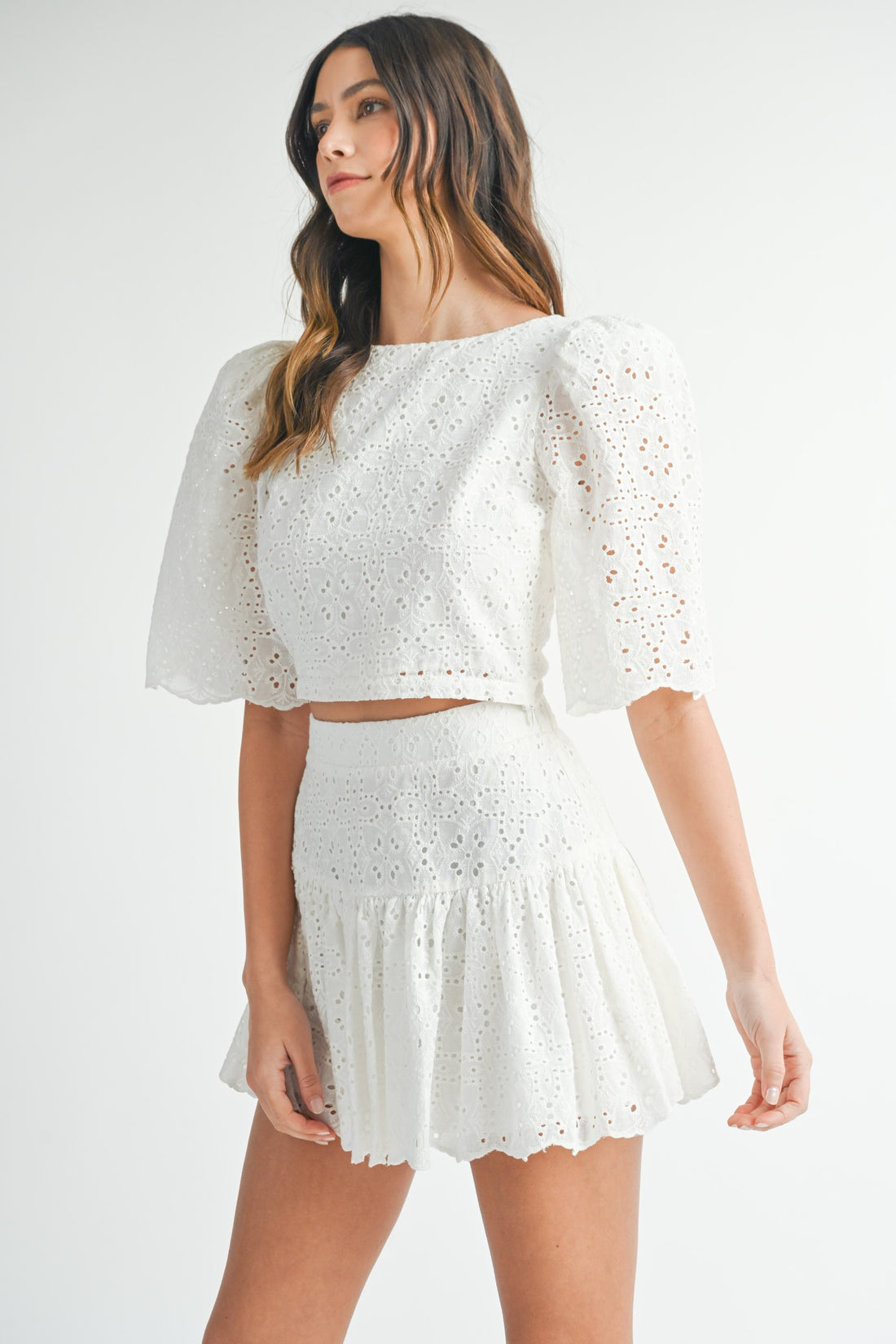 Eyelet Lace Puff Sleeve Crop Top & Skirt Set