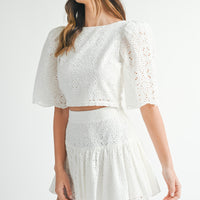 Eyelet Lace Puff Sleeve Crop Top & Skirt Set