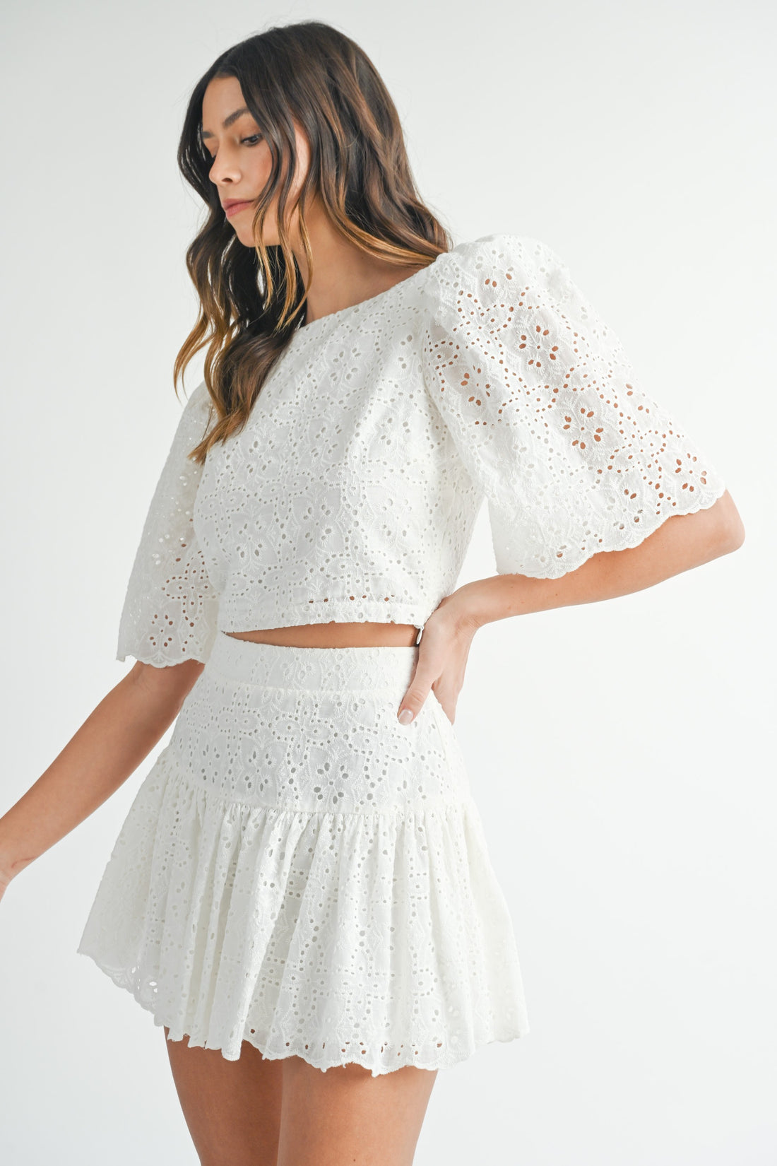 Eyelet Lace Puff Sleeve Crop Top & Skirt Set