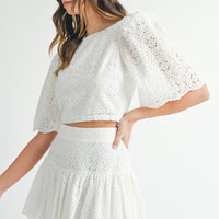 Eyelet Lace Puff Sleeve Crop Top & Skirt Set