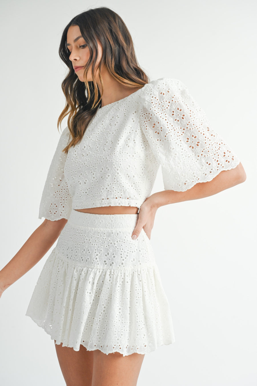 Eyelet Lace Puff Sleeve Crop Top & Skirt Set