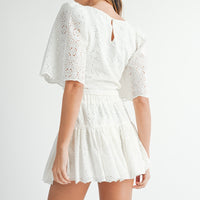 Eyelet Lace Puff Sleeve Crop Top & Skirt Set