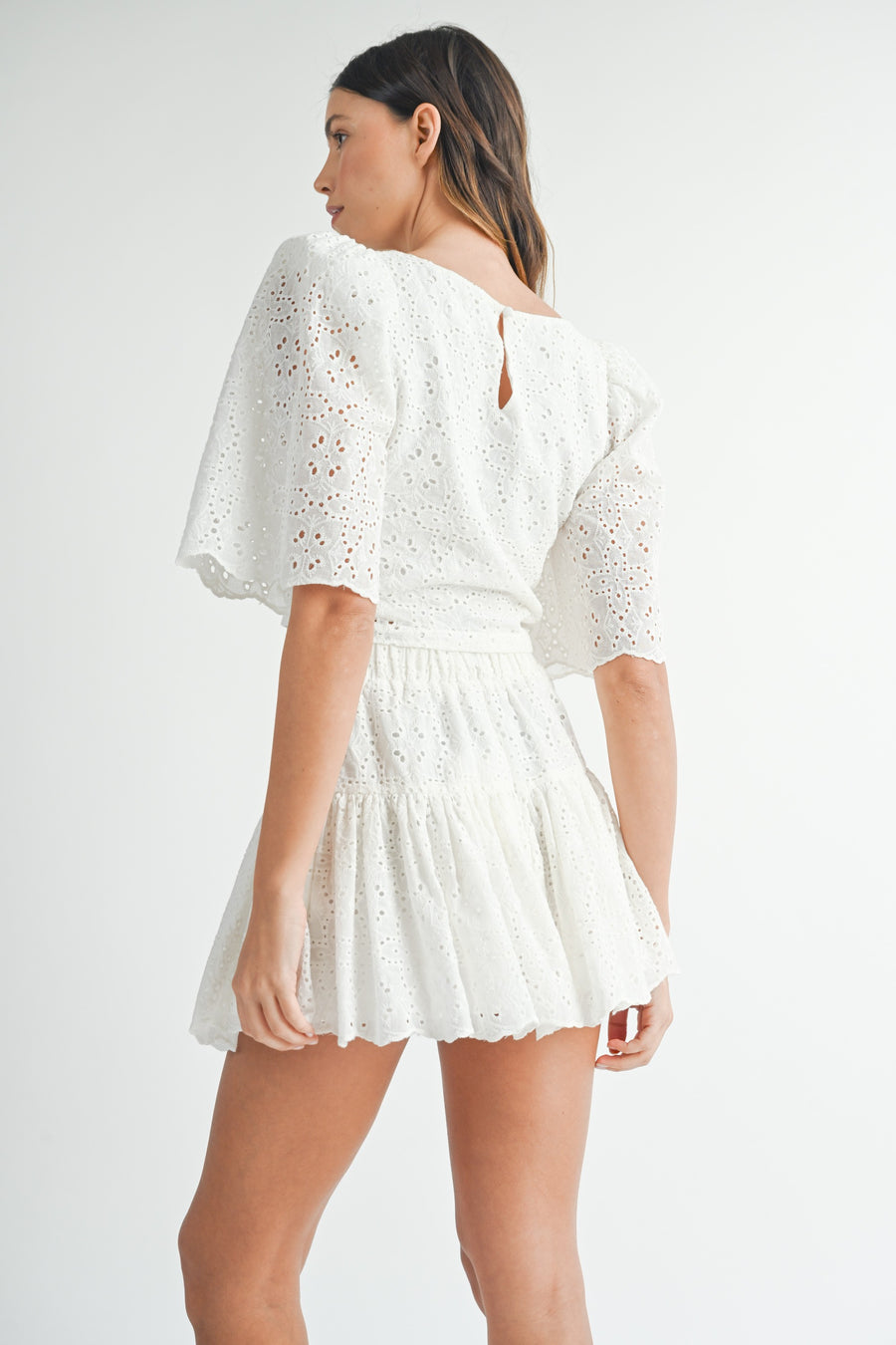 Eyelet Lace Puff Sleeve Crop Top & Skirt Set