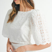 Eyelet Lace Puff Sleeve Crop Top & Skirt Set