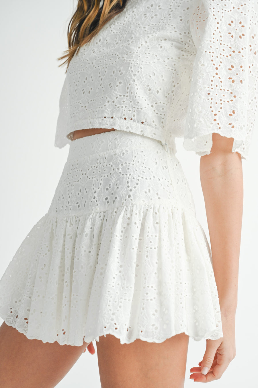 Eyelet Lace Puff Sleeve Crop Top & Skirt Set