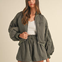 Puff Sleeve Bomber Jacket & Shorts Set