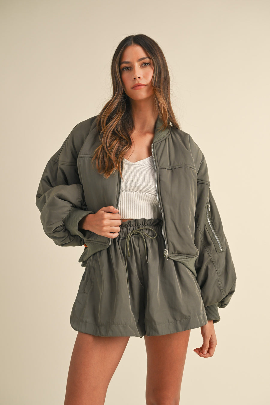 Puff Sleeve Bomber Jacket & Shorts Set