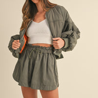 Puff Sleeve Bomber Jacket & Shorts Set