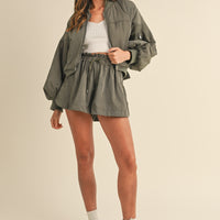 Puff Sleeve Bomber Jacket & Shorts Set