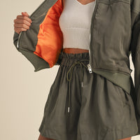 Puff Sleeve Bomber Jacket & Shorts Set