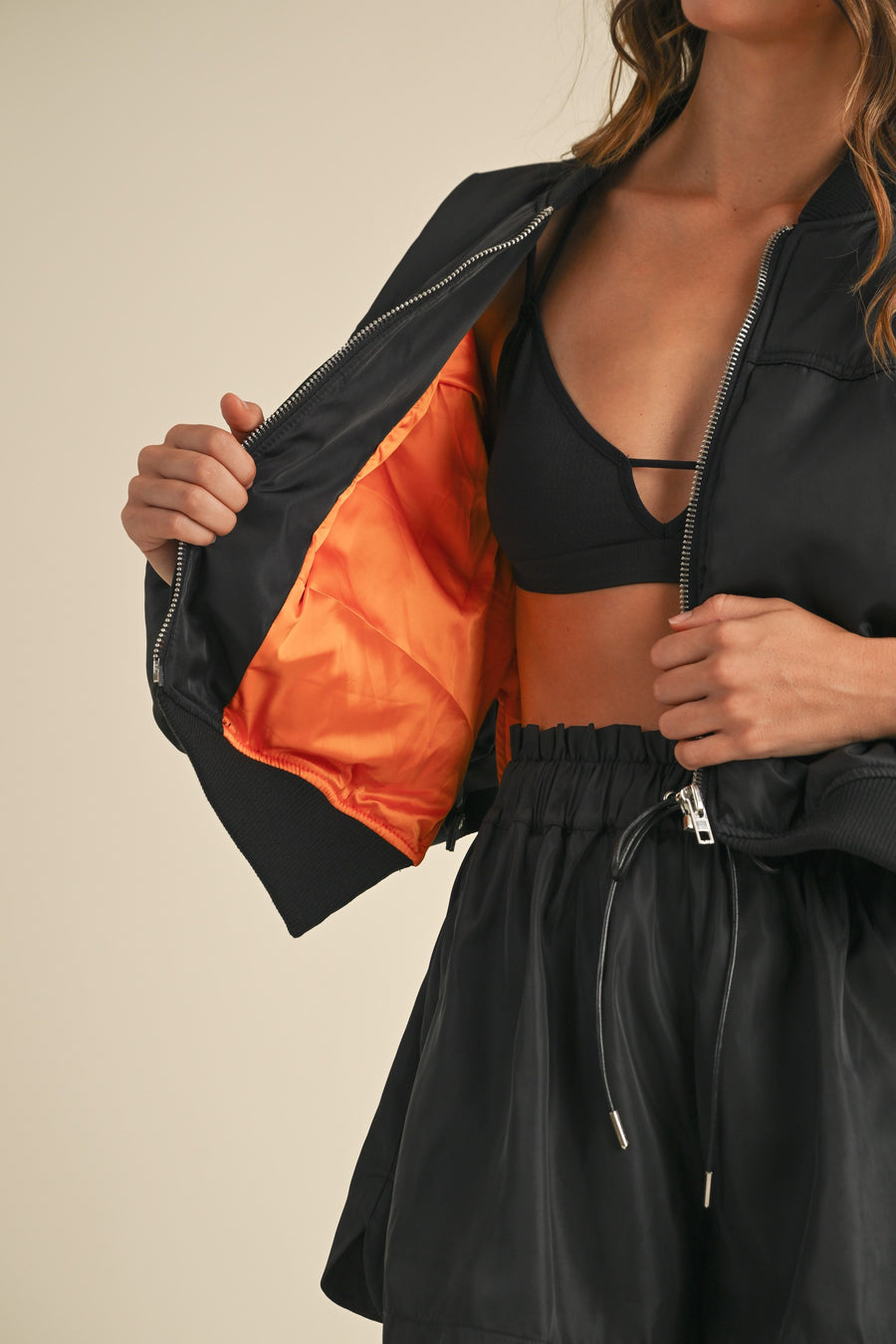 Puff Sleeve Bomber Jacket & Shorts Set