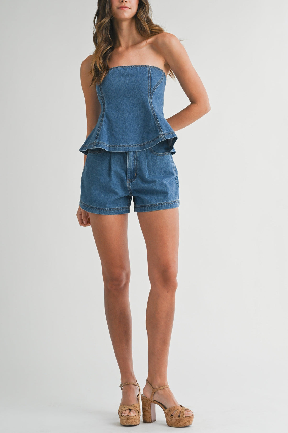 Denim Strapless Peplum Top & Shorts Set