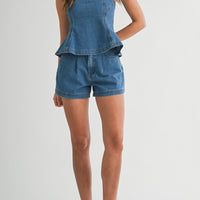 Denim Strapless Peplum Top & Shorts Set