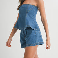 Denim Strapless Peplum Top & Shorts Set