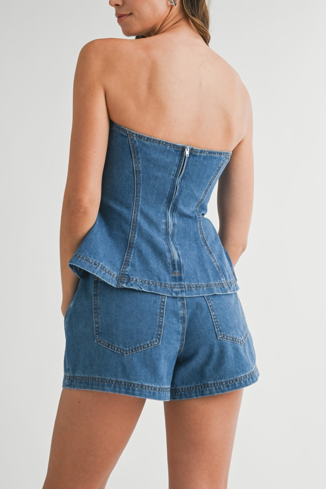 Denim Strapless Peplum Top & Shorts Set