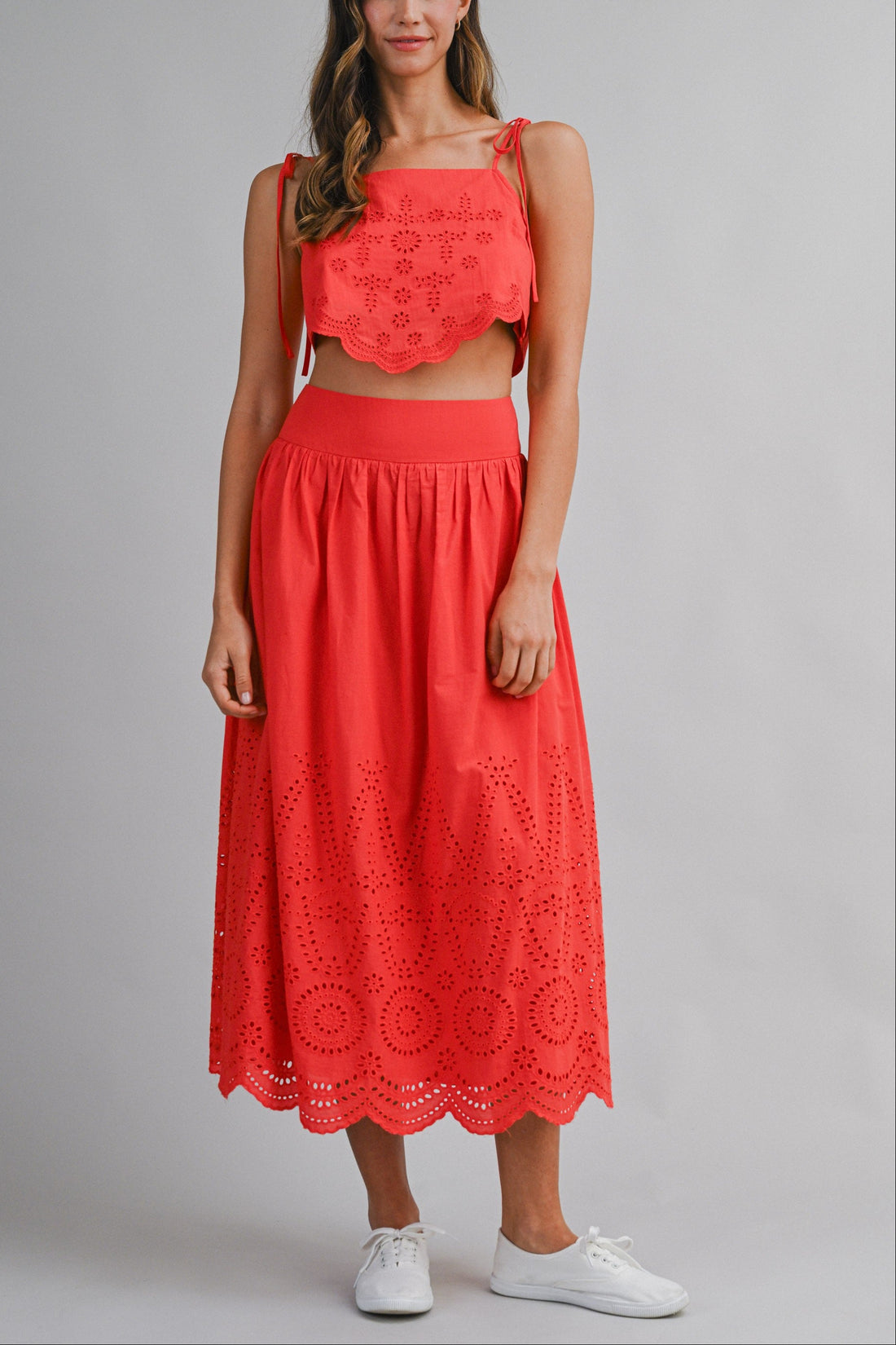 Eyelet Lace Crop Top & Midi Skirt Set