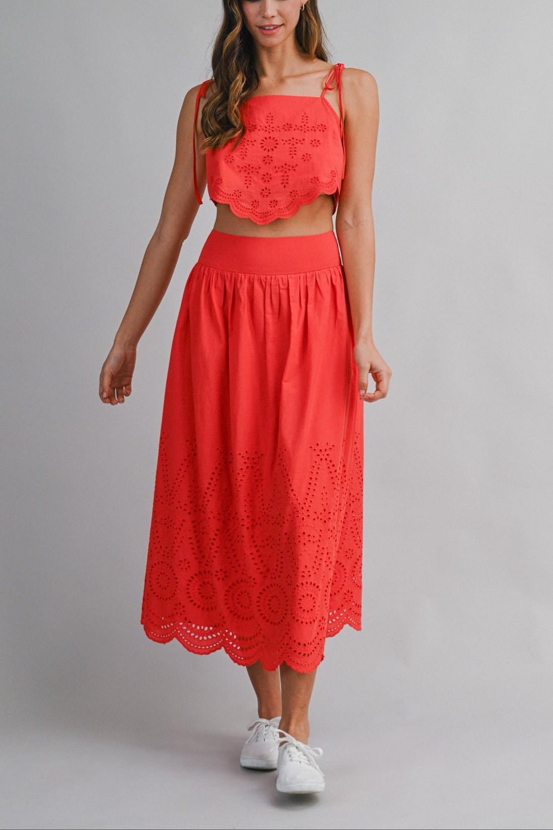 Eyelet Lace Crop Top & Midi Skirt Set