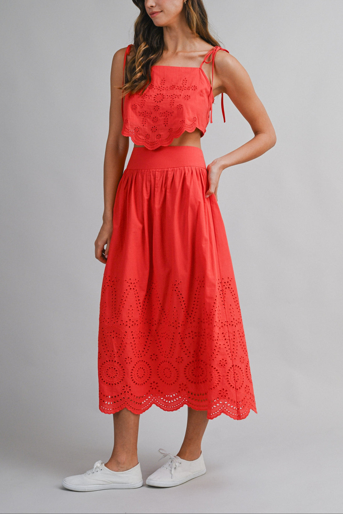 Eyelet Lace Crop Top & Midi Skirt Set