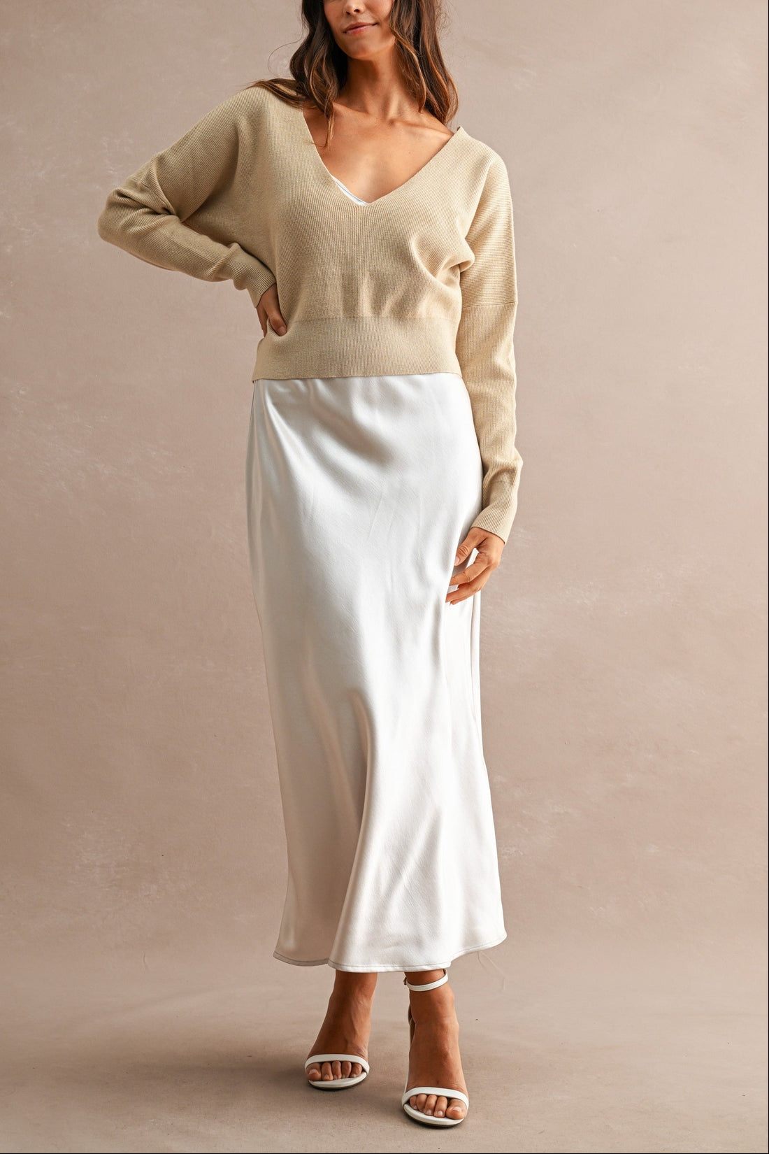 Satin Maxi Dress & Tie-Back V-Neck Sweater Set