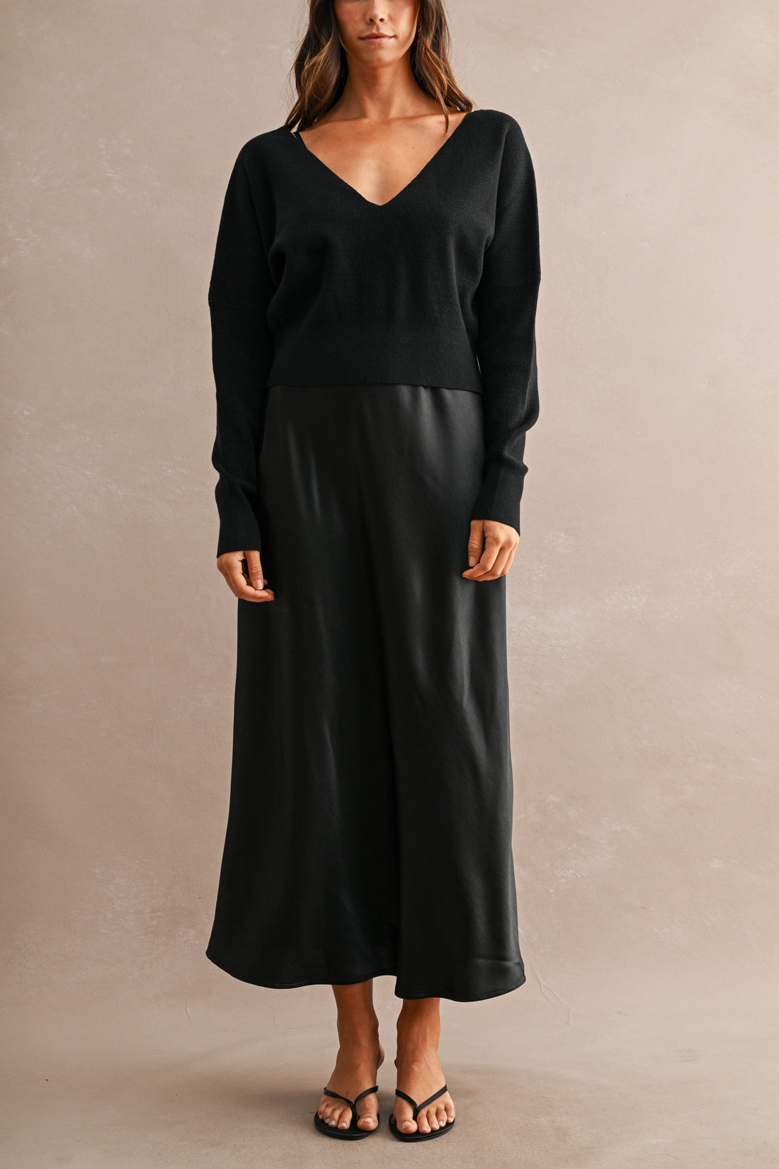 Satin Maxi Dress & Tie-Back V-Neck Sweater Set
